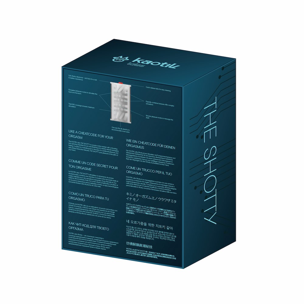 Back view of Kaotik Labs The Shotty Interactive Spinning, Thrusting & Vibrating Masturbator packaging box showing product information, sleeve diagram and multilingual descriptions.