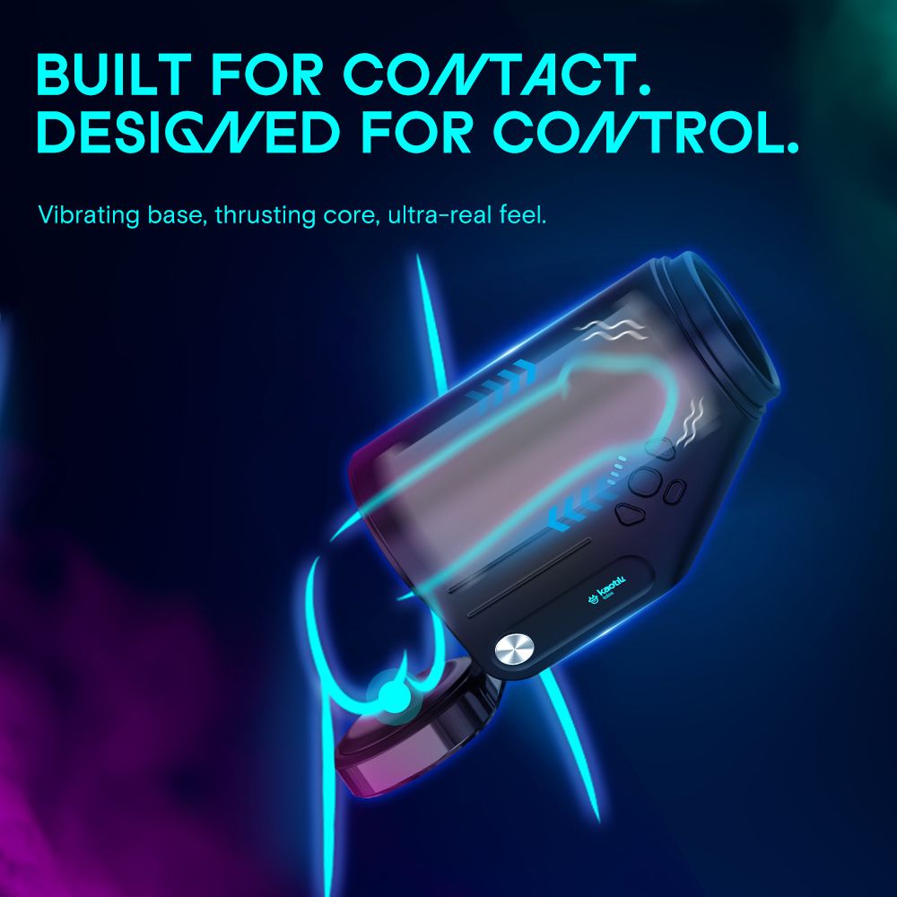 Angled promotional image of the Kaotik Labs The Shotty Interactive Spinning, Thrusting & Vibrating Masturbator with neon motion effects highlighting its thrusting sleeve and vibrating base for focused external perineum stimulation.