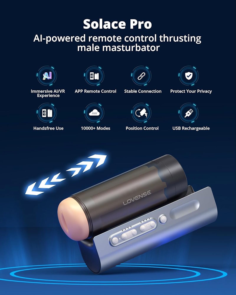 Lovense | Solace Pro AI-Powered App-Controlled Thrusting Male Masturbator Features Infographic