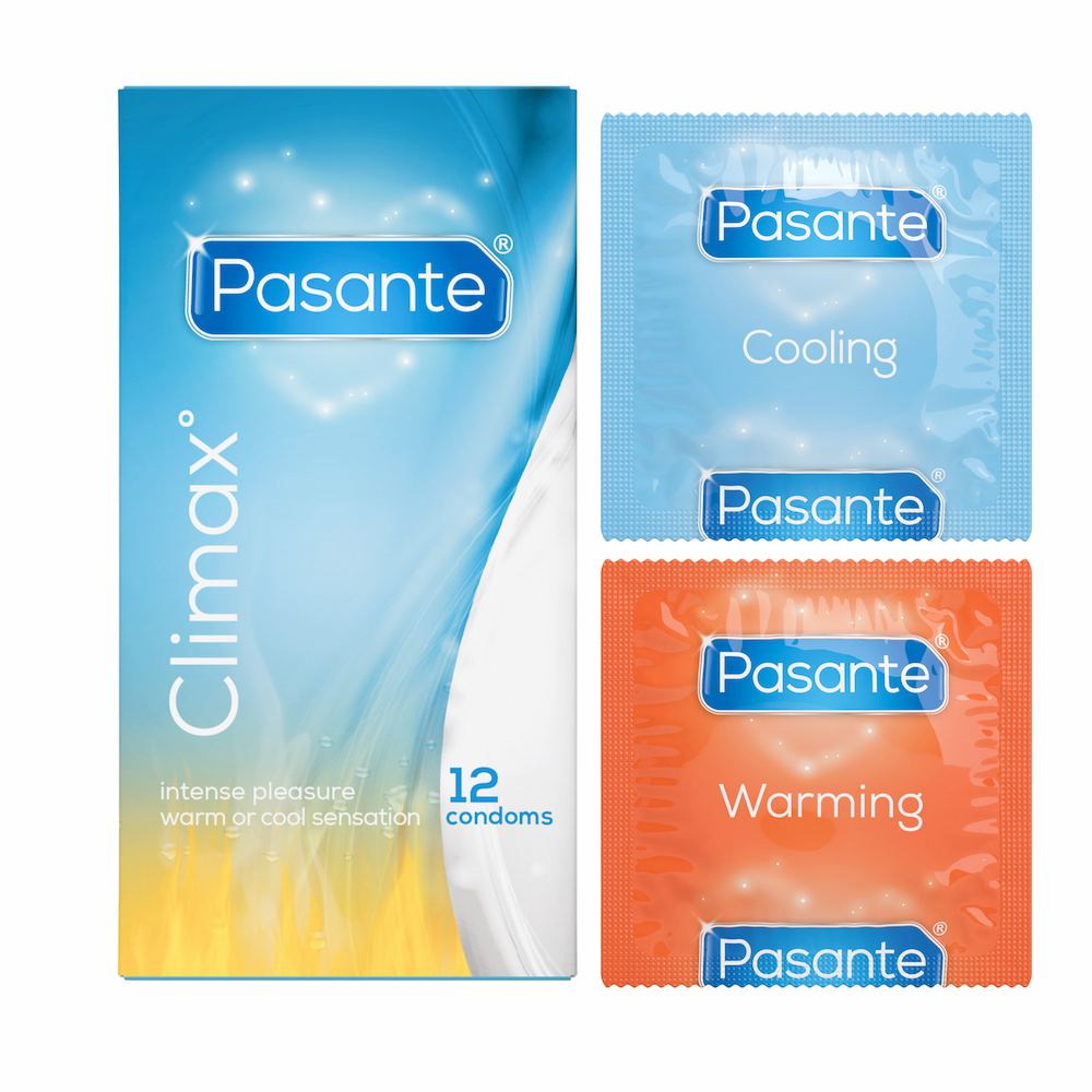 Front View Of Pasante Climax Warming And Cooling Ribbed Condoms With Warming And Cooling Foils On White Background