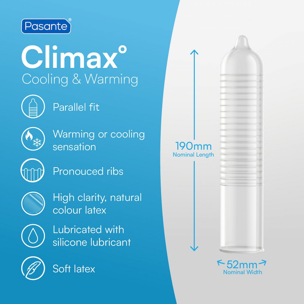 Infographic Of Pasante Climax Warming And Cooling Ribbed Condoms With Dimensions On Blue And Grey Background