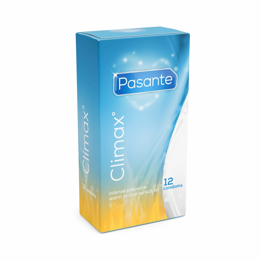 Angled View Of Pasante Climax Warming And Cooling Ribbed Condoms On White Background