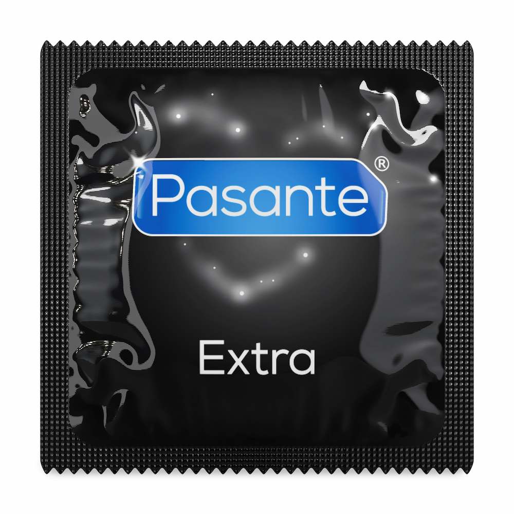 Front View Of Pasante Extra Thick And Lubed Condoms Foil On White Background