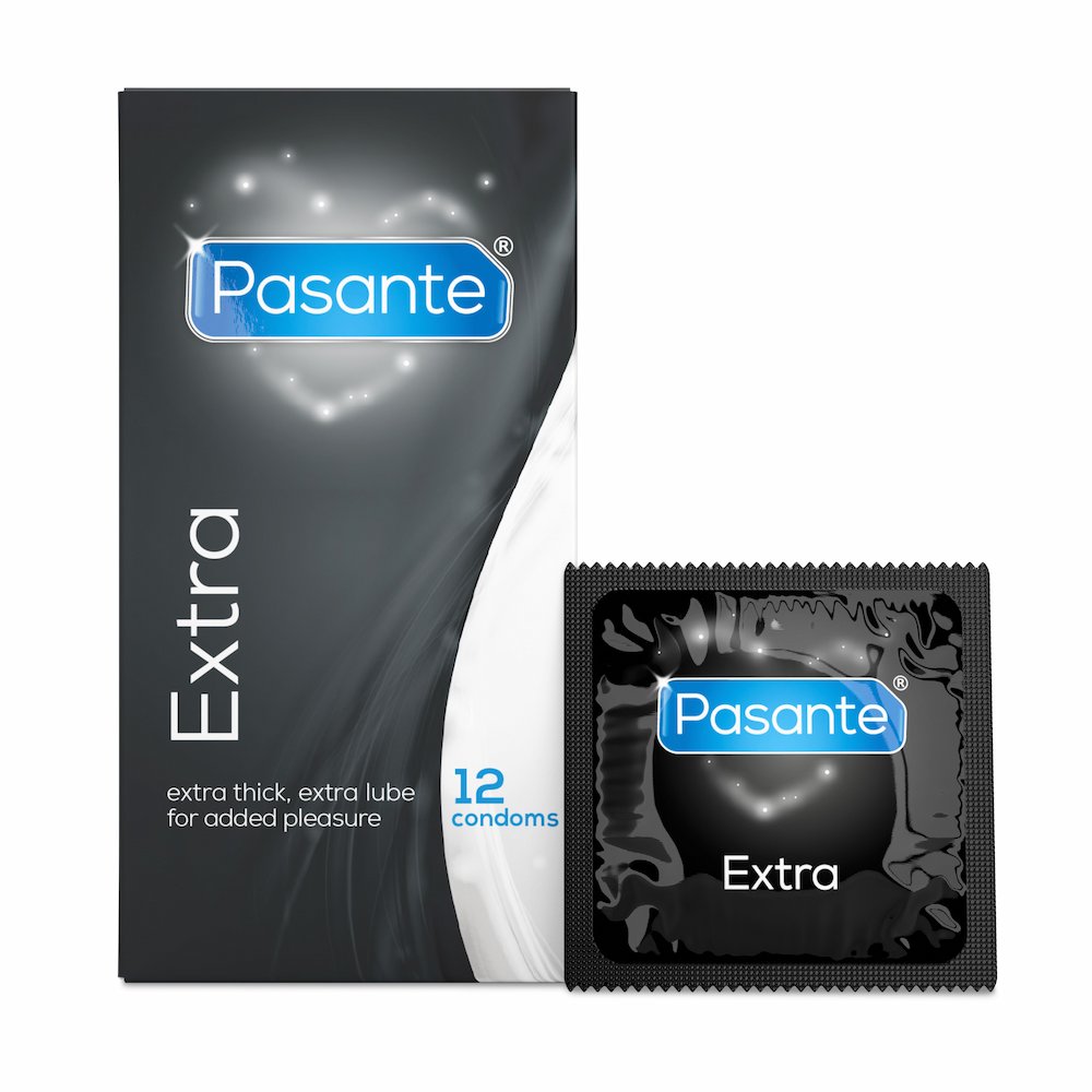 Front View Of Pasante Extra Thick And Lubed Condoms 12 Pack And Foil On White Background