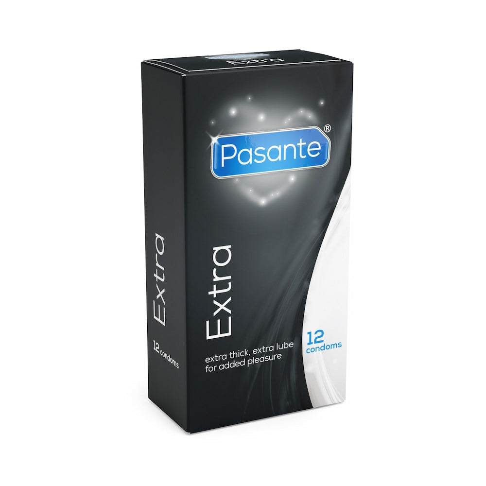 Angled View Of Pasante Extra Thick And Lubed Condoms 12 Pack On White Background