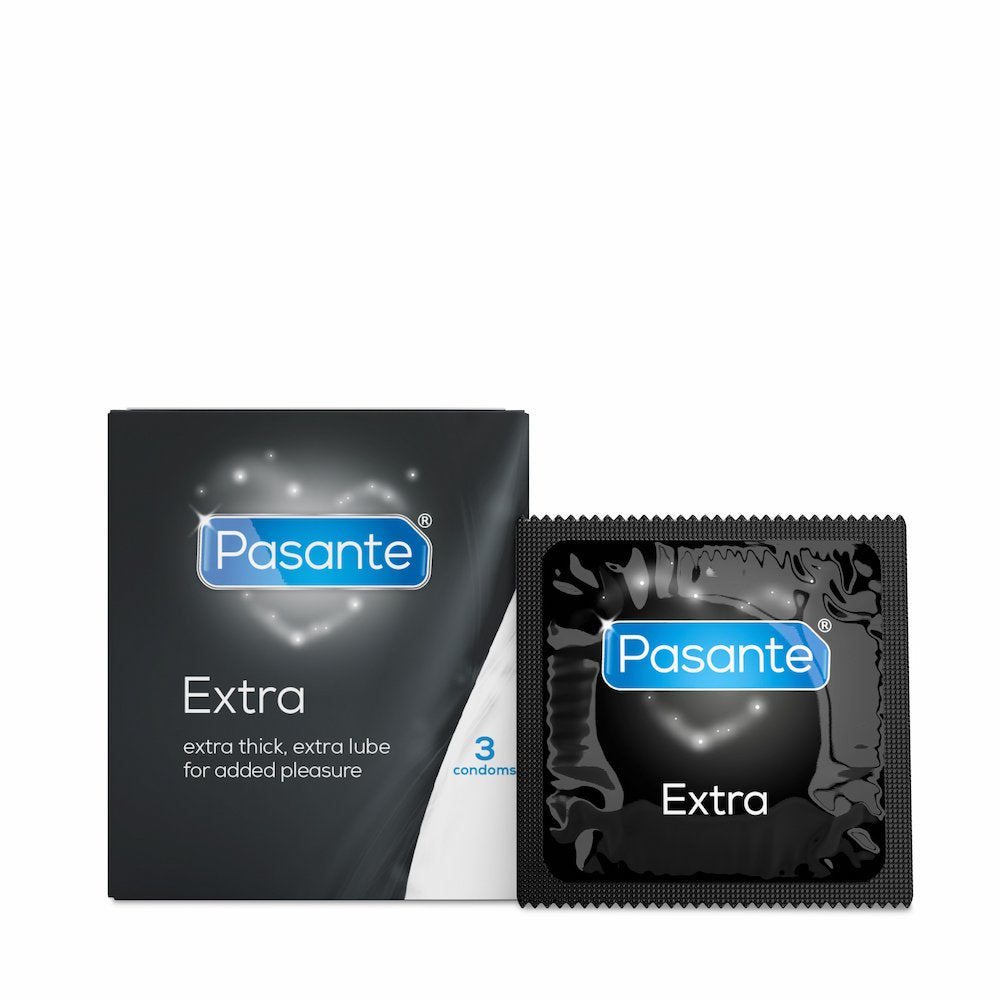 Front View Of Pasante Extra Thick And Lubed Condoms 3 Pack And Foil On White Background