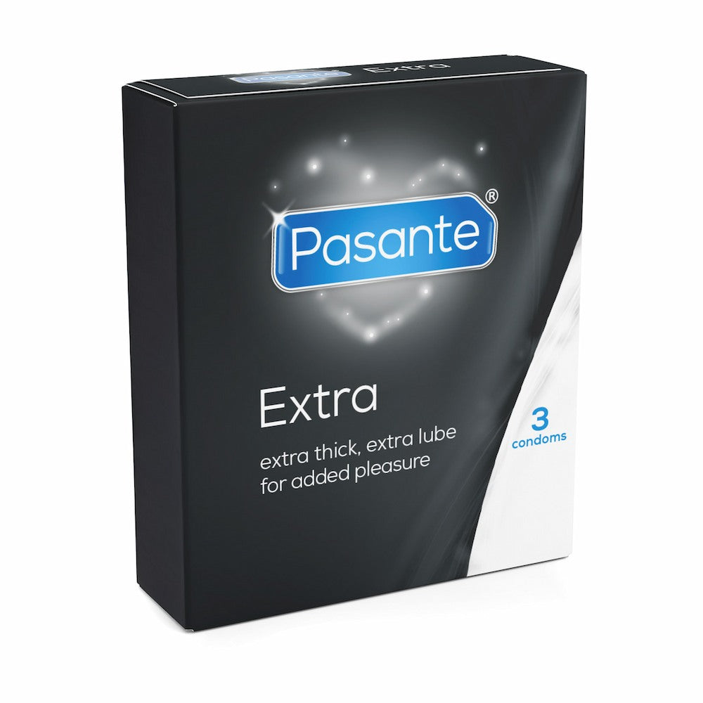 Angled View Of Pasante Extra Thick And Lubed Condoms 3 Pack On White Background