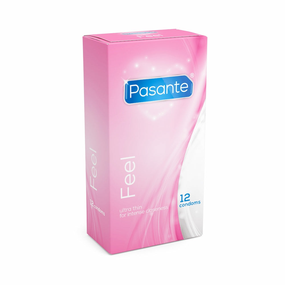 Angled View Of Pasante Feel Ultra Thin Condoms 12 Pack On White Background