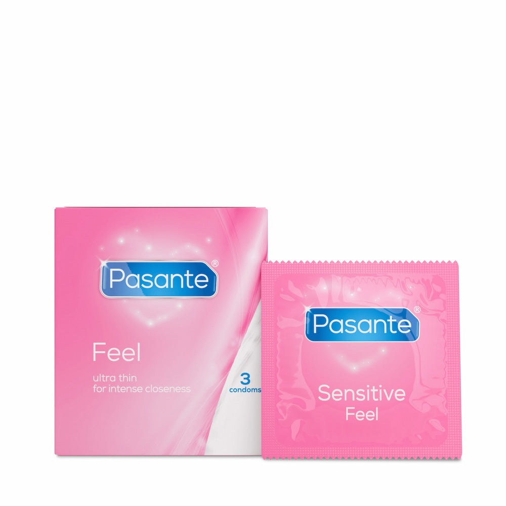Front View Of Pasante Feel Ultra Thin Condoms 3 Pack And Foil On White Background
