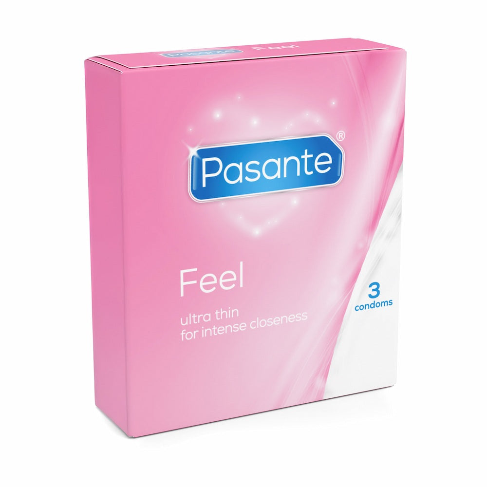 Angled View Of Pasante Feel Ultra Thin Condoms 3 Pack On White Background
