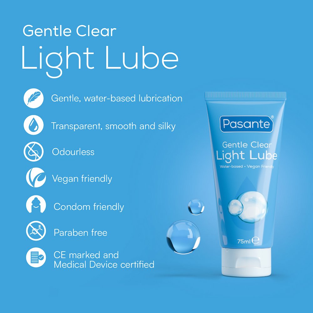 Infographic Of Pasante Gentle Light Water-Based Lube On A Blue Background