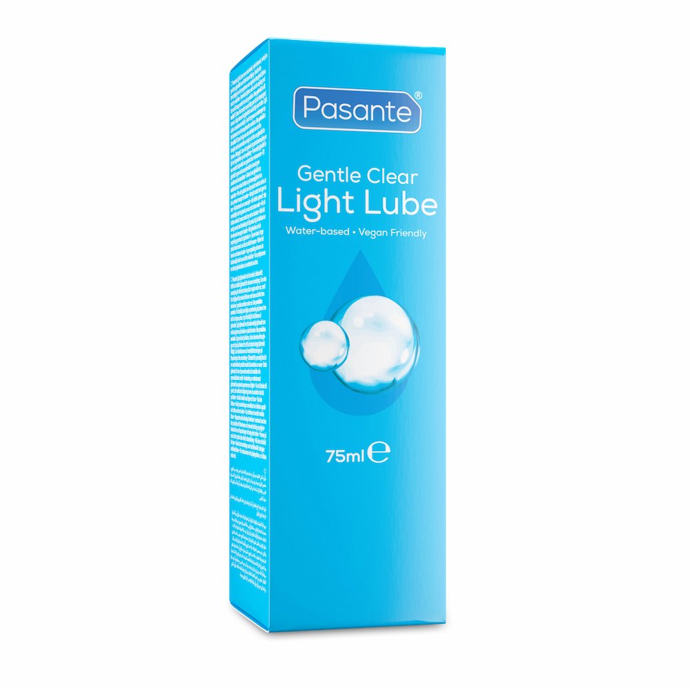 Angled View Of Pasante Gentle Light Water-Based Lube Packaging On A White Background