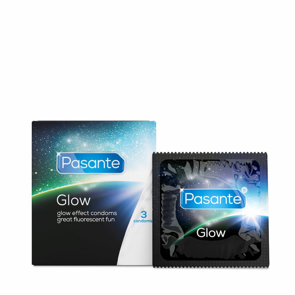 Front View Of Pasante Glow-In-The-Dark Condoms And Foil On White Background