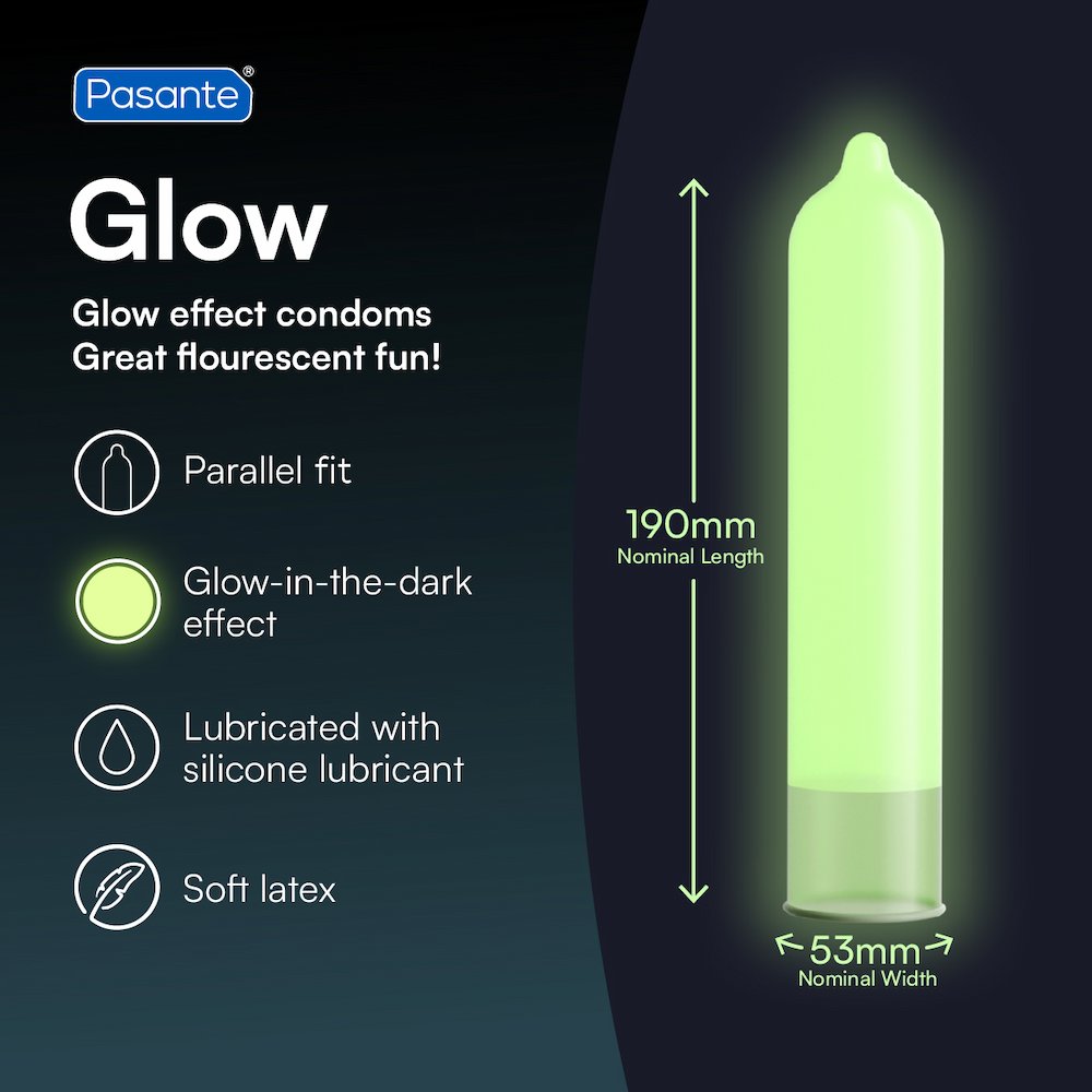 Infographic Of Pasante Glow-In-The-Dark Condoms With Dimensions On Black And Blue-Grey Background