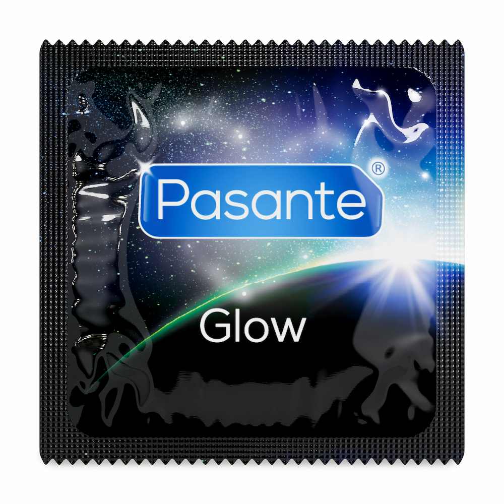 Front View Of Pasante Glow-In-The-Dark Condoms Foil On White Background