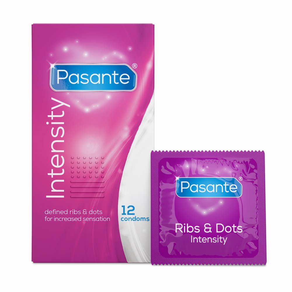 Front View Of Pasante Intensity Ribbed And Dotted Condoms 12 Pack And Foil On White Background