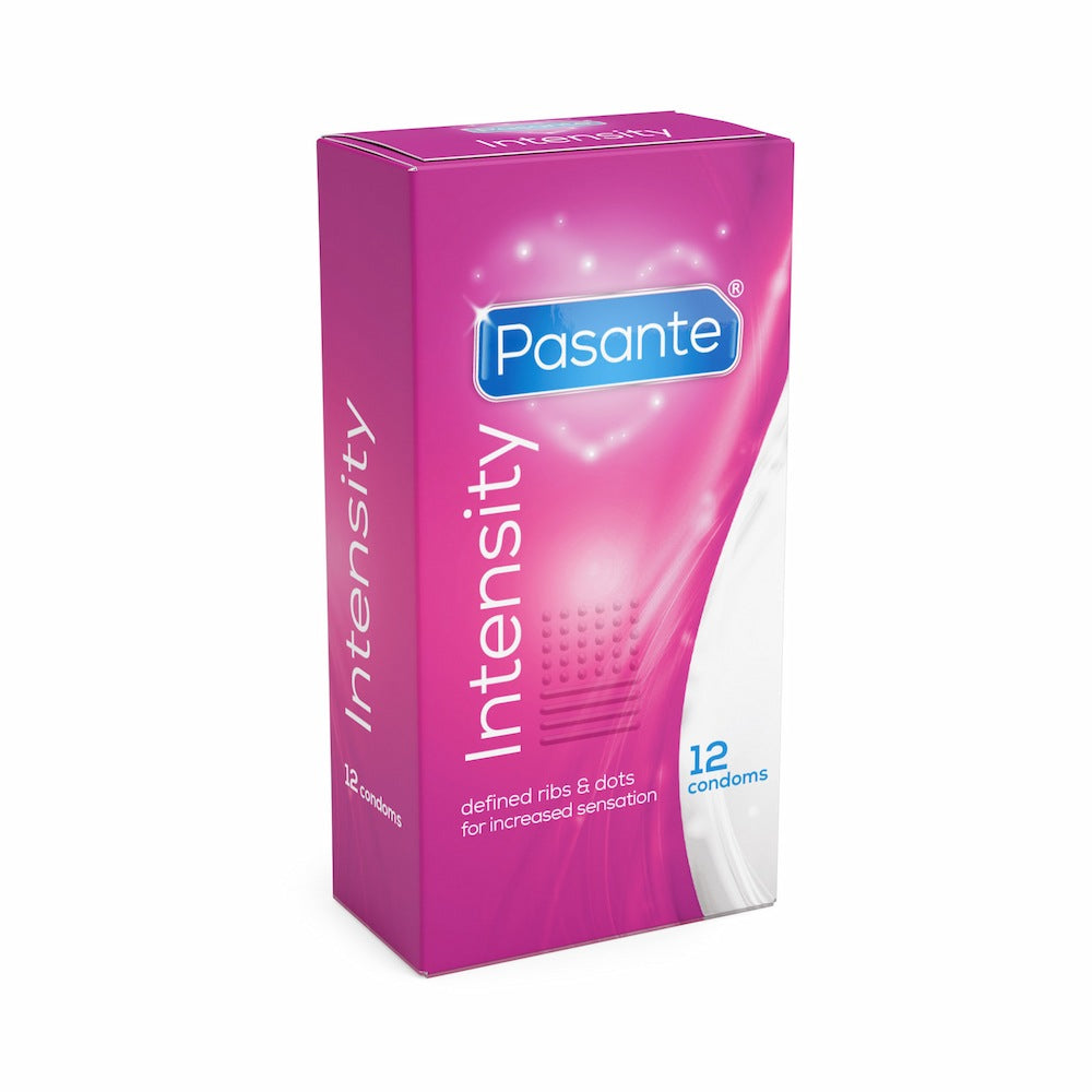 Angled View Of Pasante Intensity Ribbed And Dotted Condoms 12 Pack On White Background