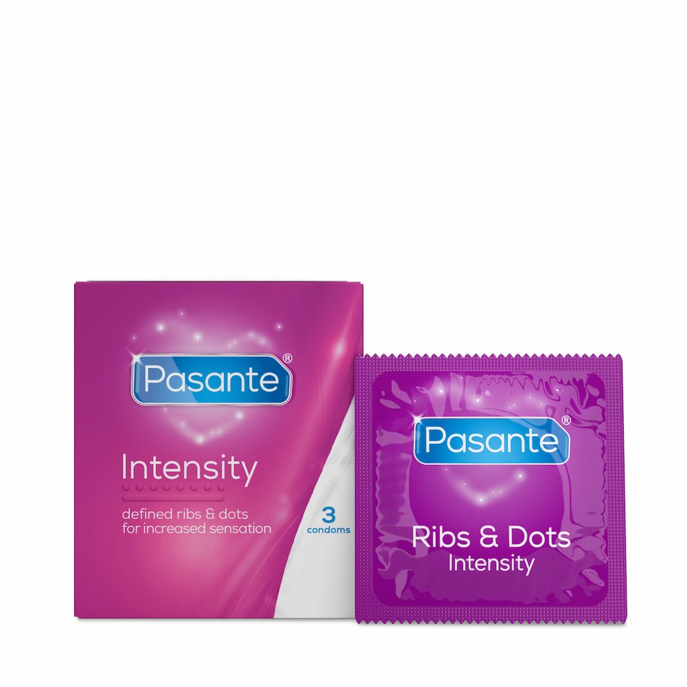 Front View Of Pasante Intensity Ribbed And Dotted Condoms 3 Pack And Foil On White Background