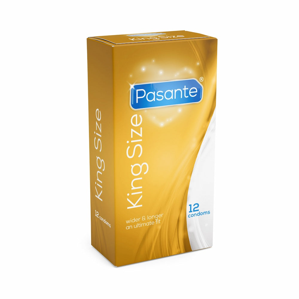 Angled View Of Pasante King Size Condoms 12 Pack On White Background