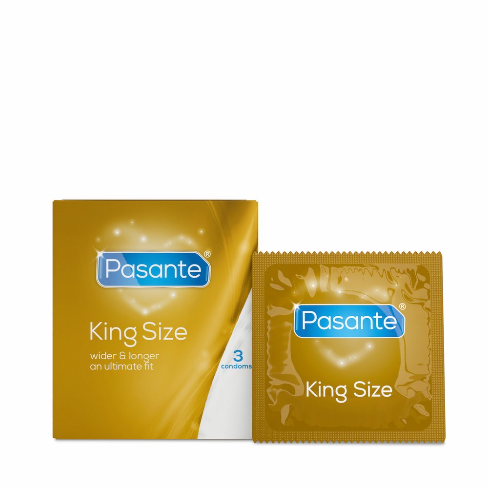 Front View Of Pasante King Size Condoms 3 Pack And Foil On White Background
