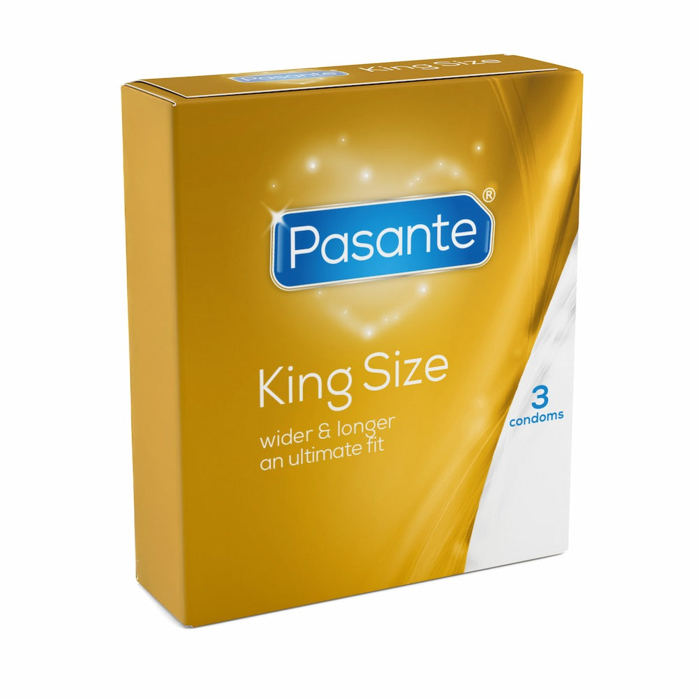 Angled View Of Pasante King Size Condoms 3 Pack On White Background