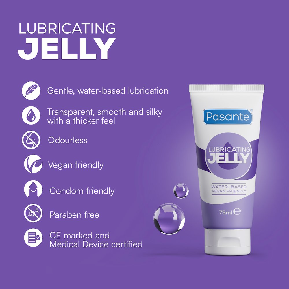 Infographic Of Pasante Lubricating Water-Based Jelly On A Purple Background