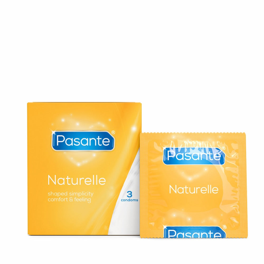 Front View Of Pasante Naturelle Shaped Simplicity Condoms And Foil On White Background
