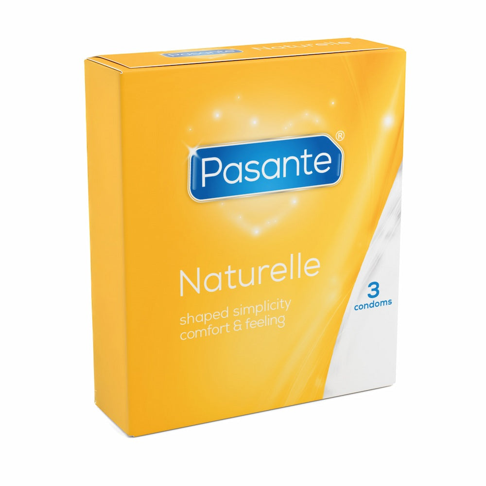 Angled View Of Pasante Naturelle Shaped Simplicity Condoms On White Background