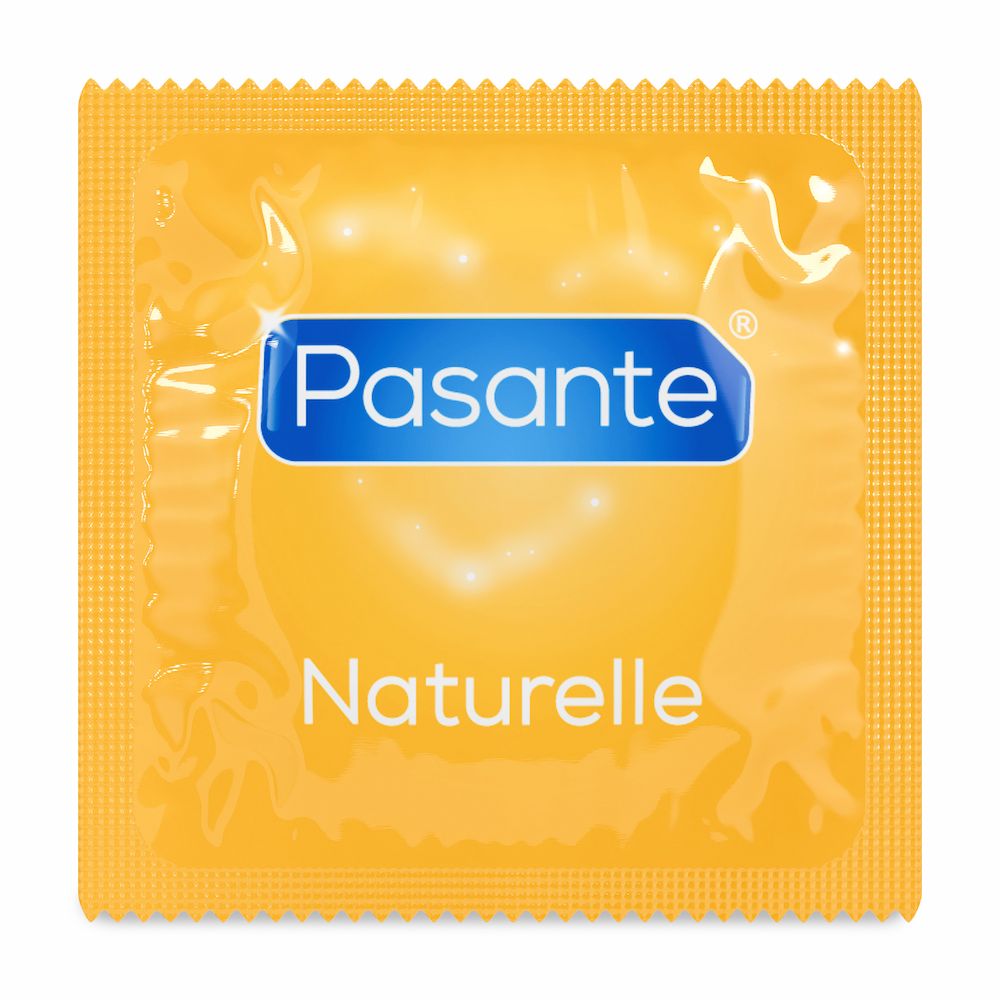 Front View Of Pasante Naturelle Shaped Simplicity Condoms Foil On White Background
