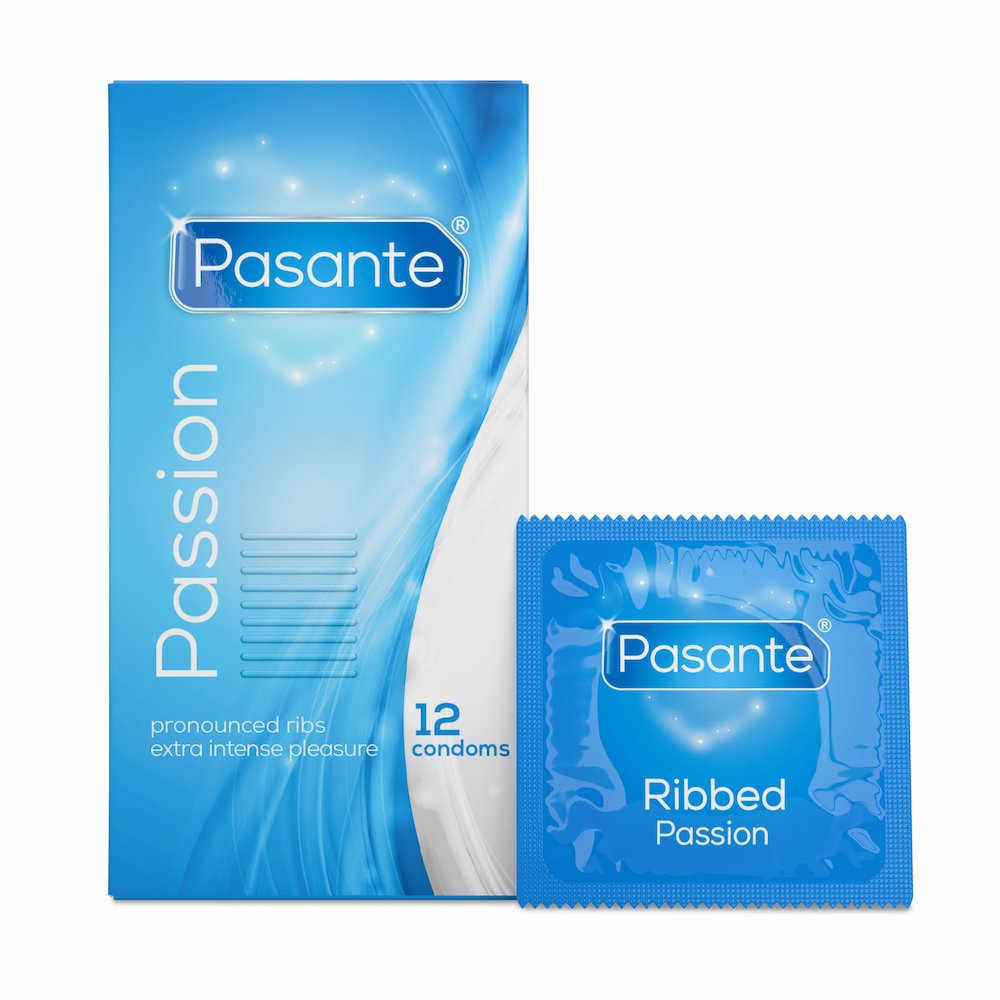 Front View Of Pasante Passion Ribbed Condoms 12-Pack And Foil On White Background