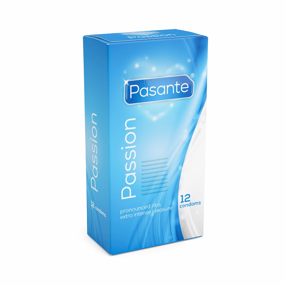 Angled View Of Pasante Passion Ribbed Condoms 12-Pack On White Background