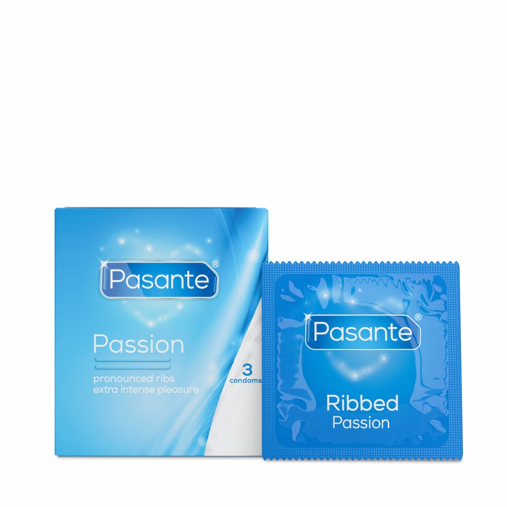Front View Of Pasante Passion Ribbed Condoms 3-Pack And Foil On White Background