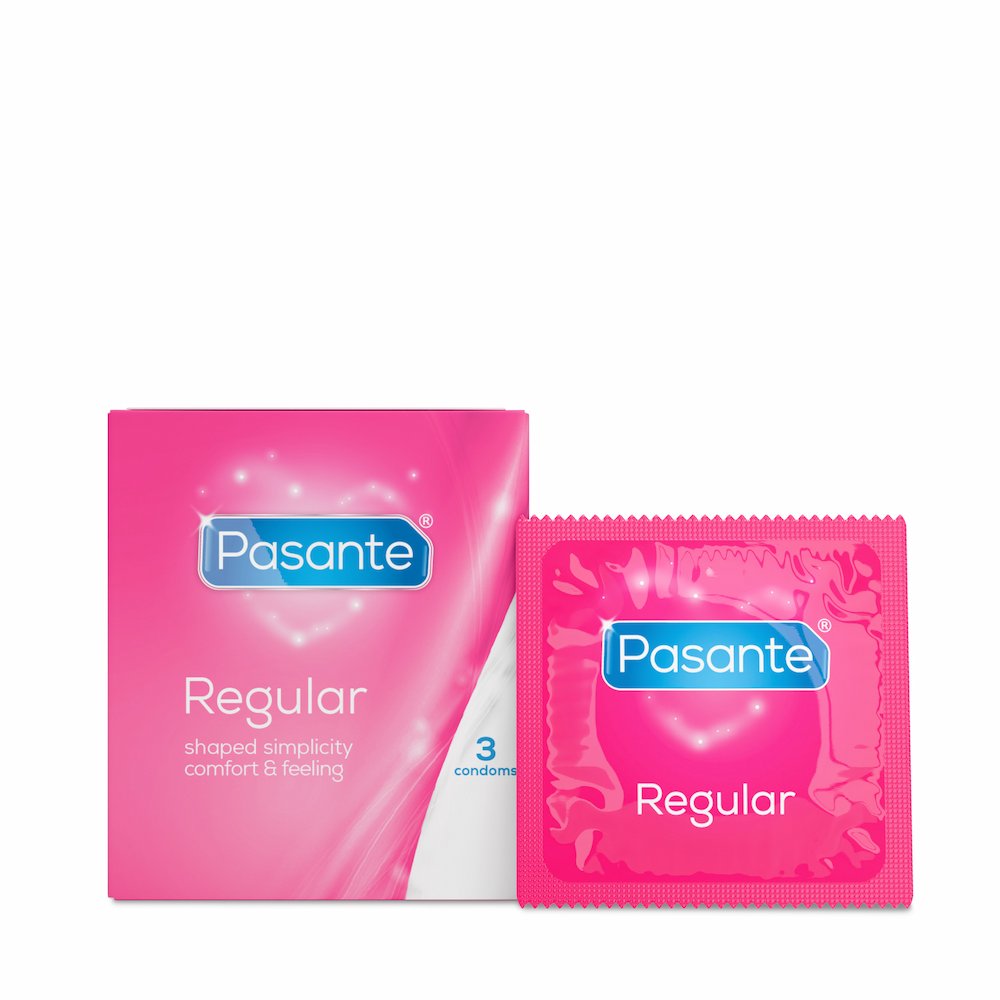 Front View Of Pasante Regular Shaped Simplicity Condoms And Foil On White Background