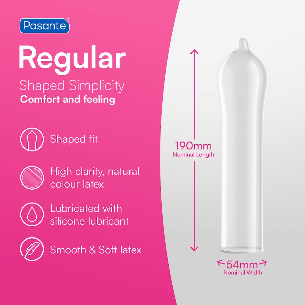 Infographic Of Pasante Regular Shaped Simplicity Condoms With Dimensions On Pink And Grey Background