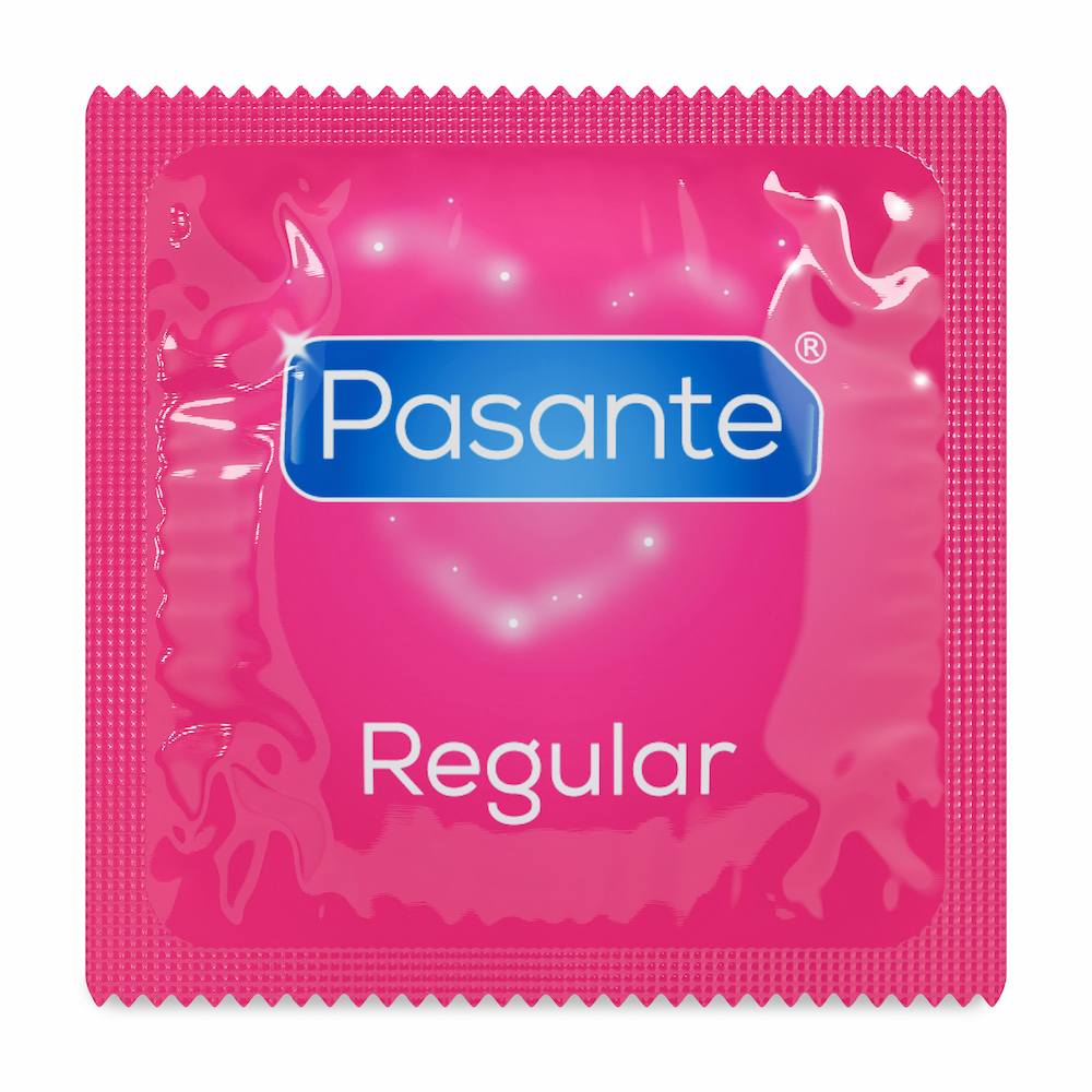 Front View Of Pasante Regular Shaped Simplicity Condoms Foil On White Background