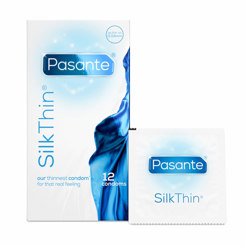 Front View Of Pasante Silk Thin Condoms Box And Foil On White Background