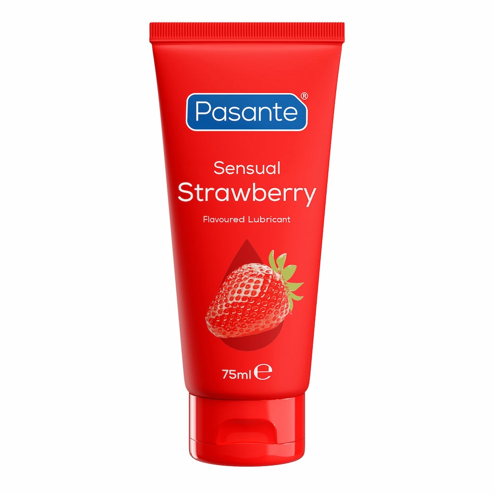 Front view of Pasante Strawberry Flavoured Water-Based Lube on a white background