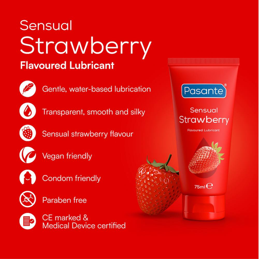 Infographic Of Pasante Strawberry Flavoured Water-Based Lube On A Red Background