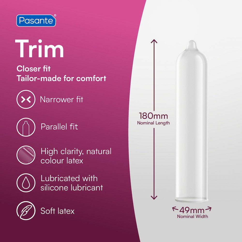 Infographic Of Pasante Trim Closer Fit Condoms With Dimensions On A Purple And White Background