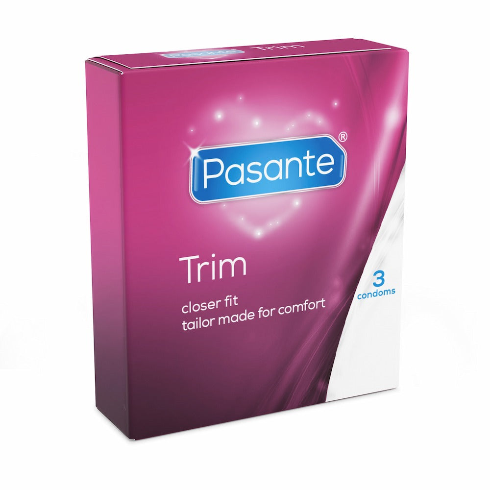 Side View Of Pasante Trim Closer Fit Condoms On White Background