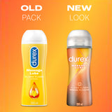 Old and new packaging of Play 2-in-1 Sensual Massage Gel & Lube with Ylang Ylang | Durex