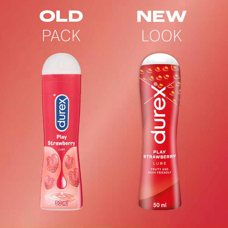 Old and new packaging of Play Strawberry Lube | Durex