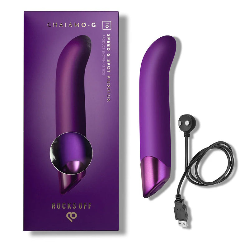 Rocks-Off Chaiamo G G-Spot Vibrator (Purple) next to packaging and magnetic USB charger