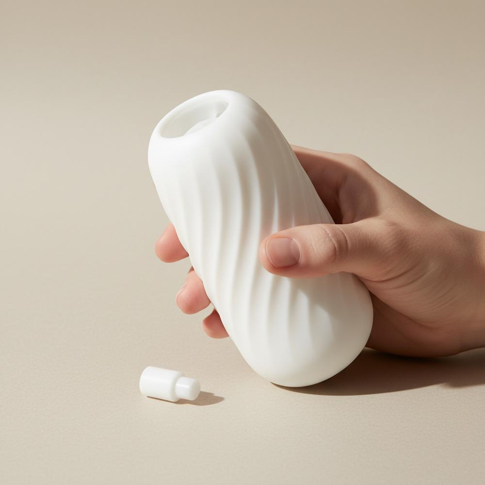 Hand holding the Svakom Alex Neo 2 Premium Replacement Sleeve Masturbator on a beige background