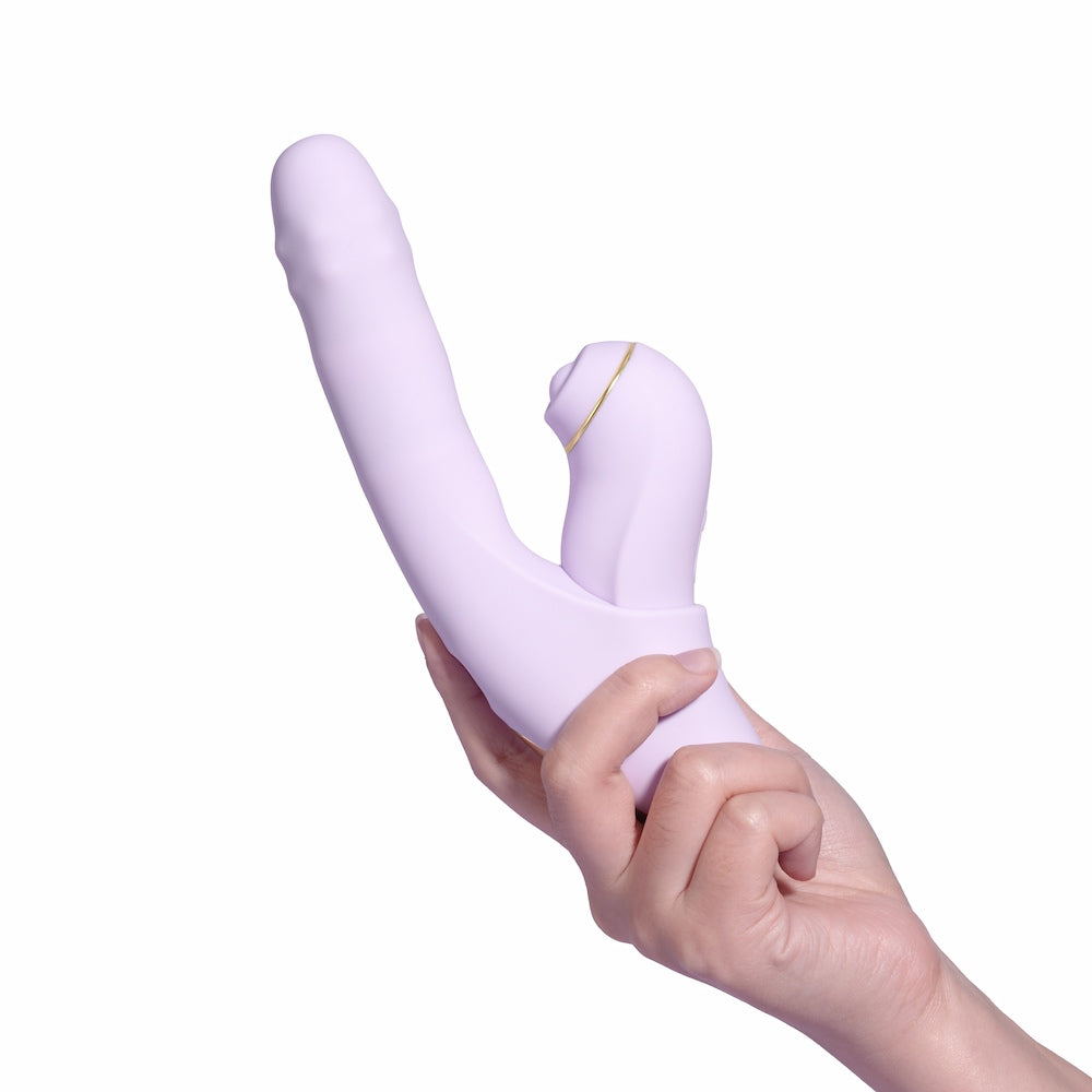 Svakom DuoGlow Thrusting Beaded G-spot Vibrator With Pulsating Clitoral Stimulator In Hand On White Background