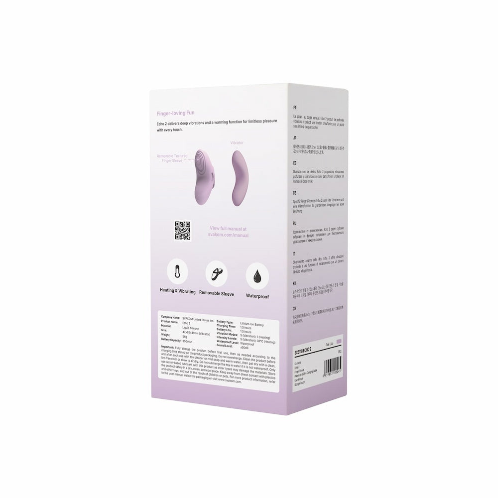 Rear View Of Svakom Echo 2 App-Controlled Flexible Finger Vibrator (Pink Lilac) Packaging On White Background