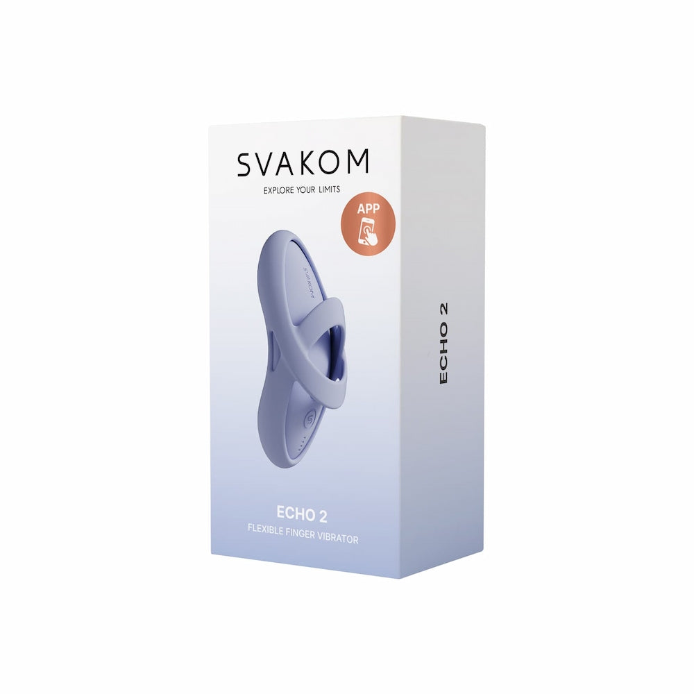 Front View Of Svakom Echo 2 App-Controlled Flexible Finger Vibrator (Sky Blue) Packaging on White Background