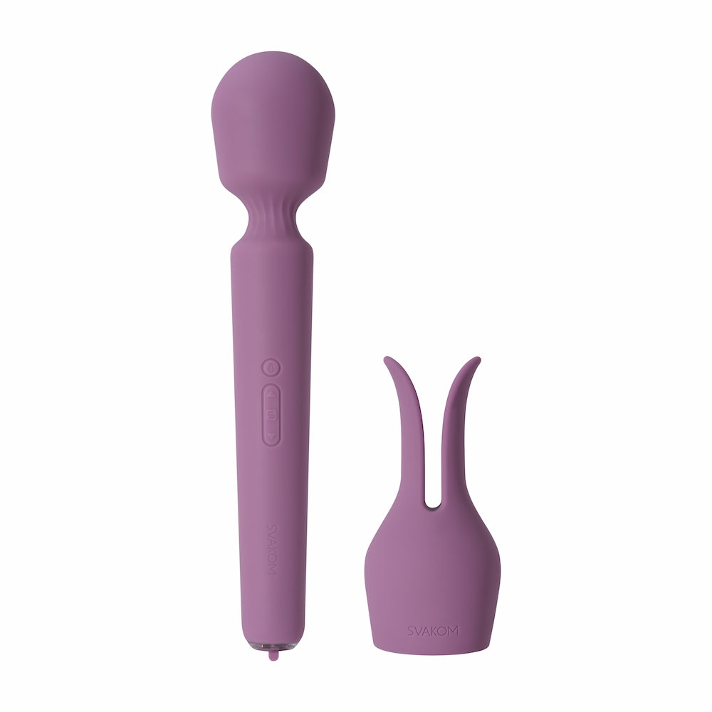 Front View Of Svakom Emma Neo 2 Interactive Warming Wand Vibrator Next To Bunny Ear Attachment 