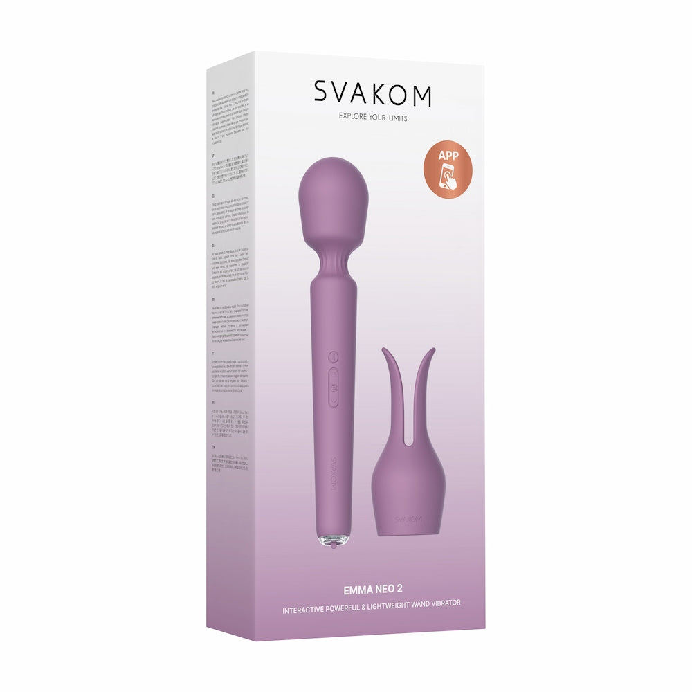 Front View Of Svakom Emma Neo 2 Interactive Warming Wand Vibrator Packaging On White Background