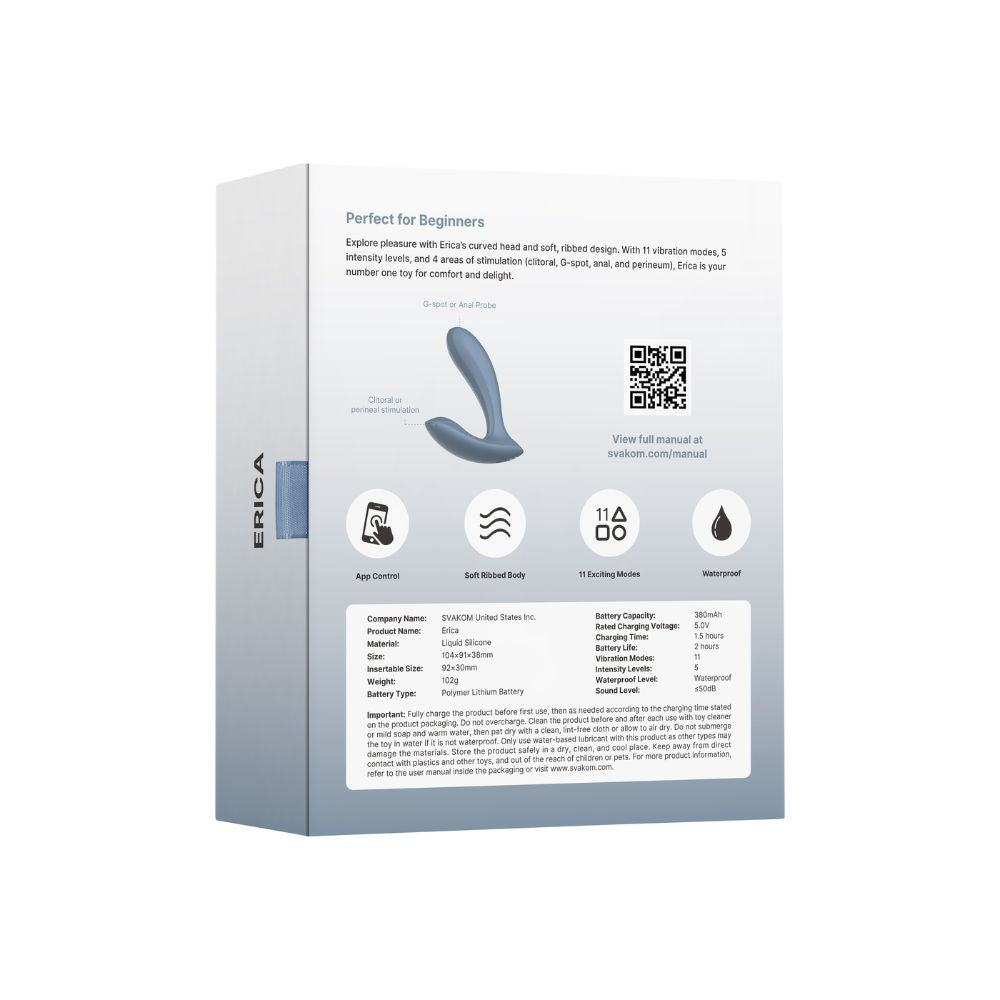 Back View of Svakom | Erica App-Controlled Wearable Vibrator & Anal Stimulator (Dusty Blue) Packaging on White Background